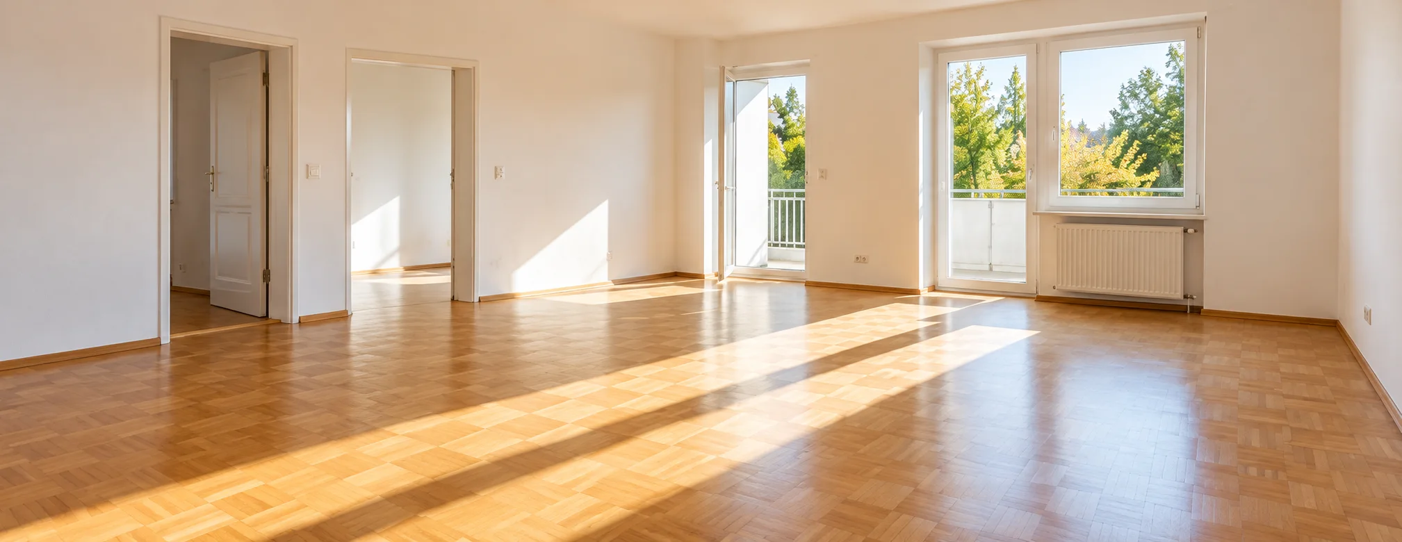 Symbolbild: heller, leerer Wohnraum mit Parkett und offenen Türen